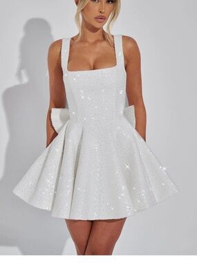 Sequin Square-Neck Mini Dress in White